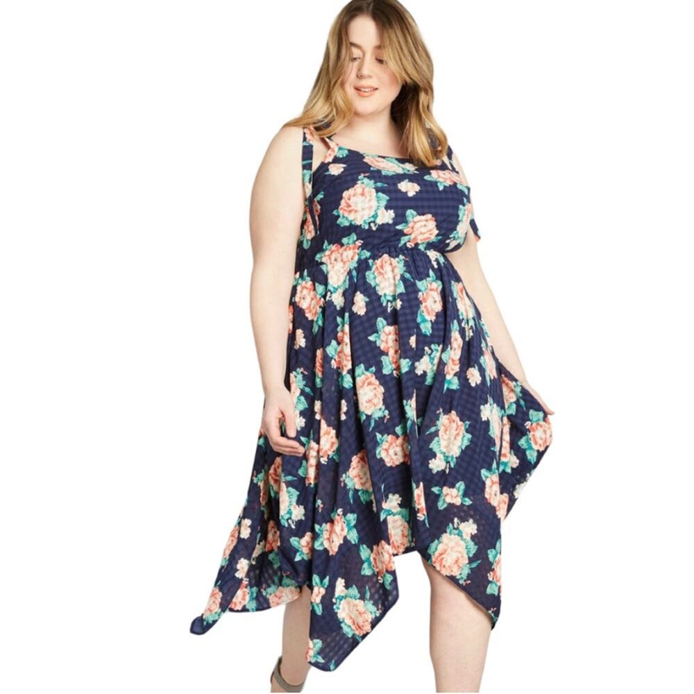 Modcloth navy blue and pink orange floral handkerchief hem sun dress size 2X